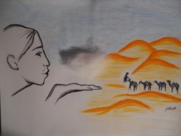 SpaceNet Award, gezeichnetes Bild, wo eine Frau in ihre ausgesteckte Handfläche blässt und im Hintergrund eine Wüste ist