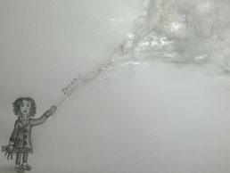 SpaceNet Award gezeichnetes Bild, wo ein Mädhcen mit Teddy eine Wolke hält